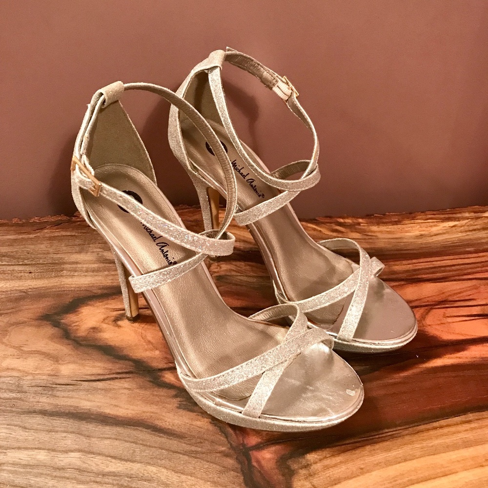 Michael Antonio silver sparkle strappy stilettos